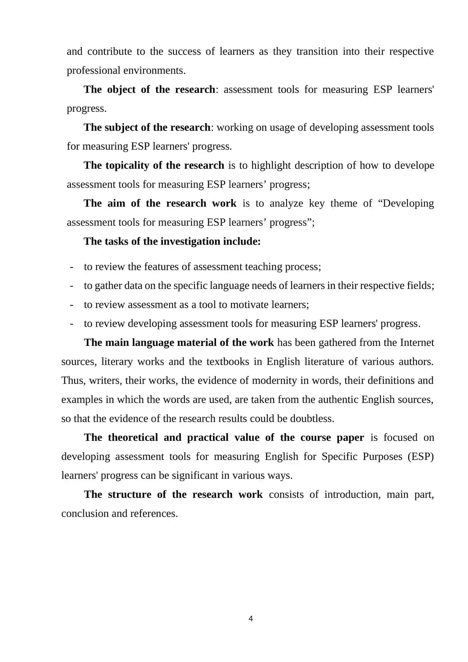 COURSE WORK ON THEME: DEVELOPING ASSESSMENT TOOLS FOR MEASURING ESP LEARNERS' PROGRESS 4