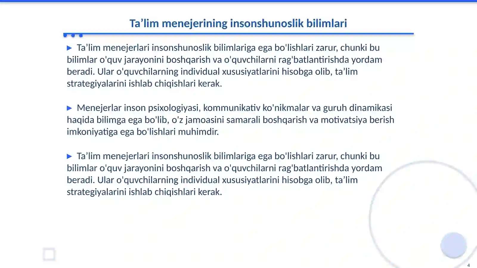 Taʼlim sohasi menejerining insonshunoslik boʻyicha maʼlumoti 4