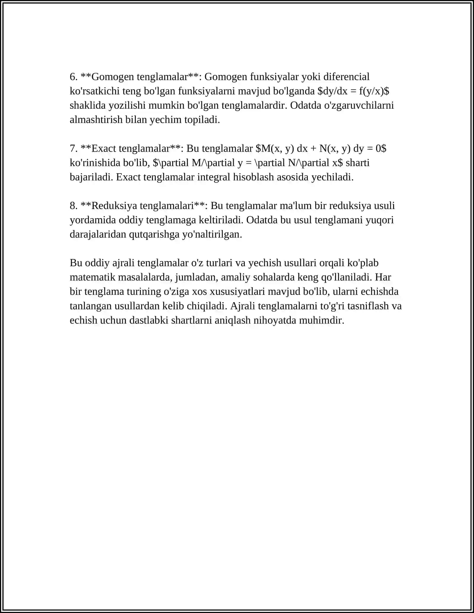 ODDIY AYIRMALI TENGLAMALARNI YECHISH 4
