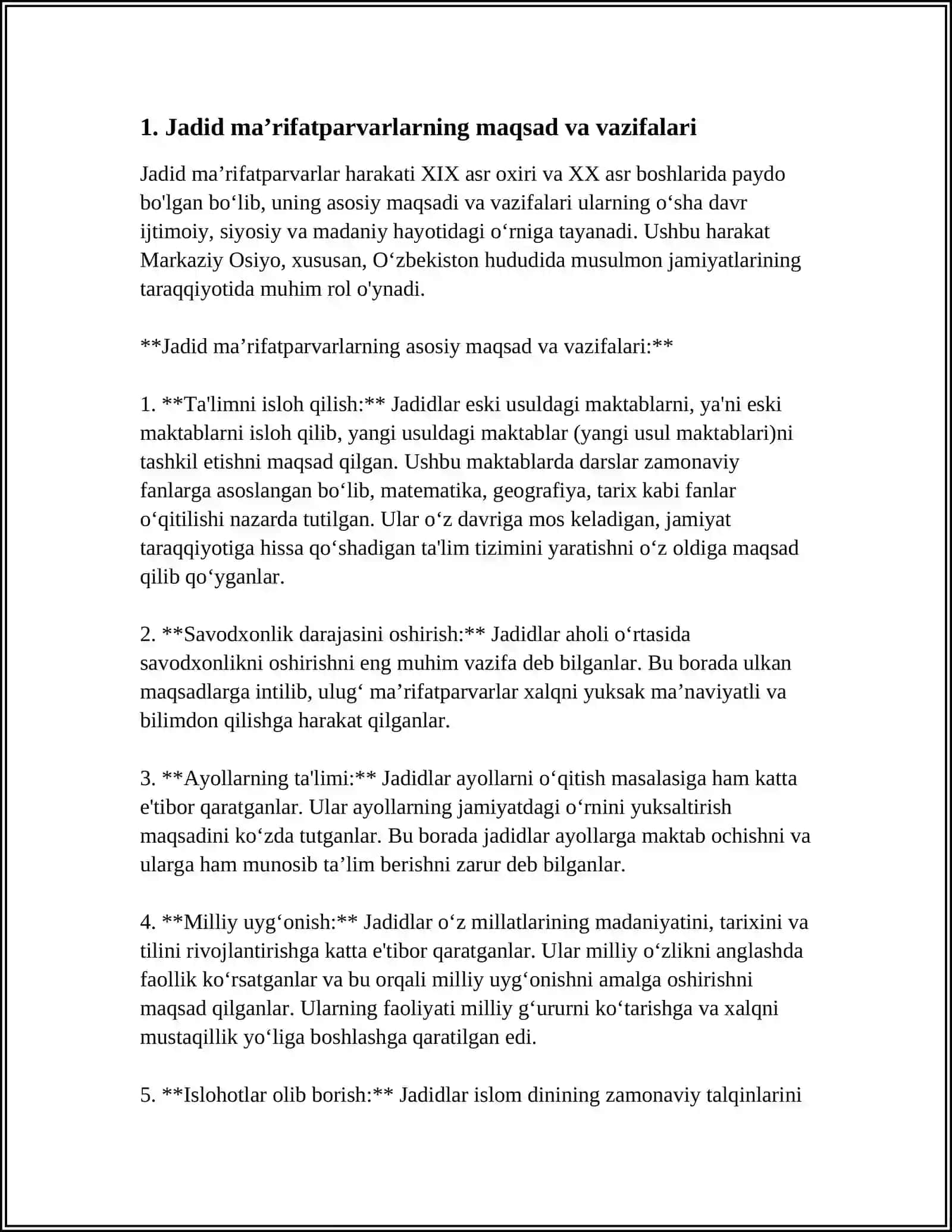 JADID MA’RIFATPARVARLARINING O‘LKA IJTIMOIY-MA’NAVIY HAYOTIDA TUTGAN O‘RNI (MUNAVVAR QORI, FITRAT, BEHBUDIY, AVLONIY VA BOSHQ.) 4