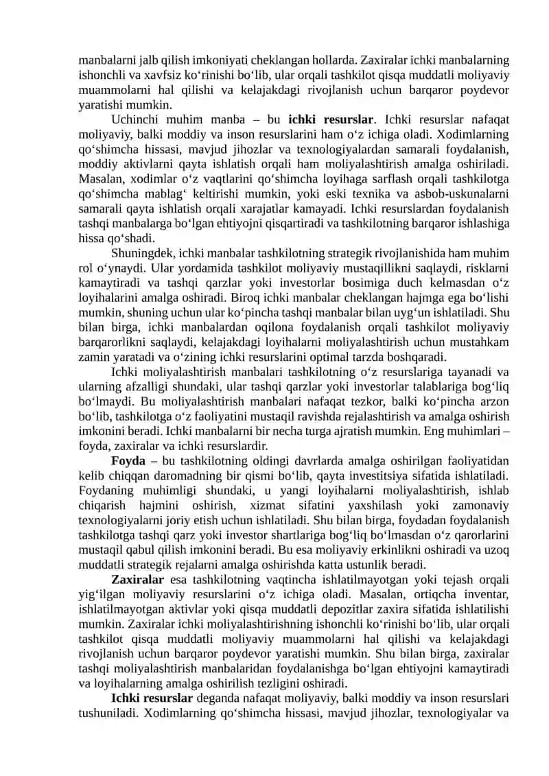 Moliyalashtirish manbalari ichki va tashqi imkoniyatlar 4