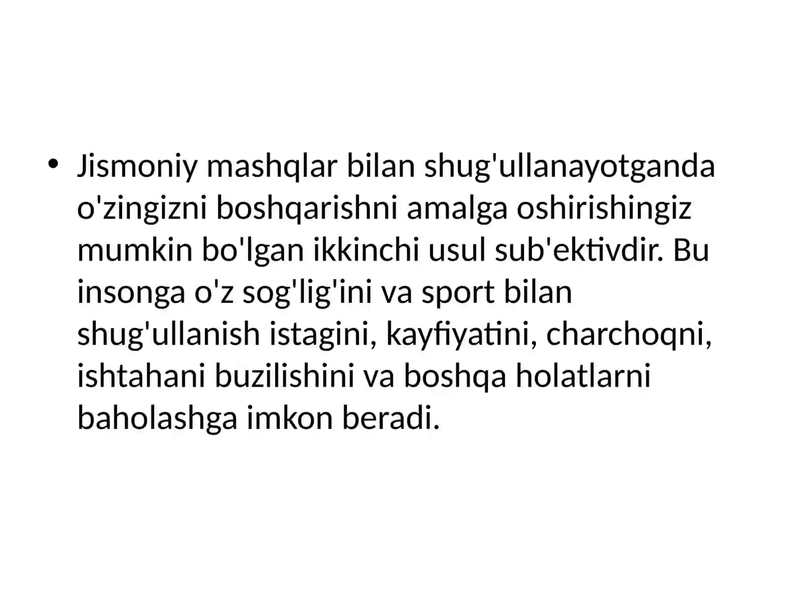 Jismoniy mashqlar bilan shugʻullanishda oʻzini oʻzi nazorat qilish usullarini oʻrganish 4