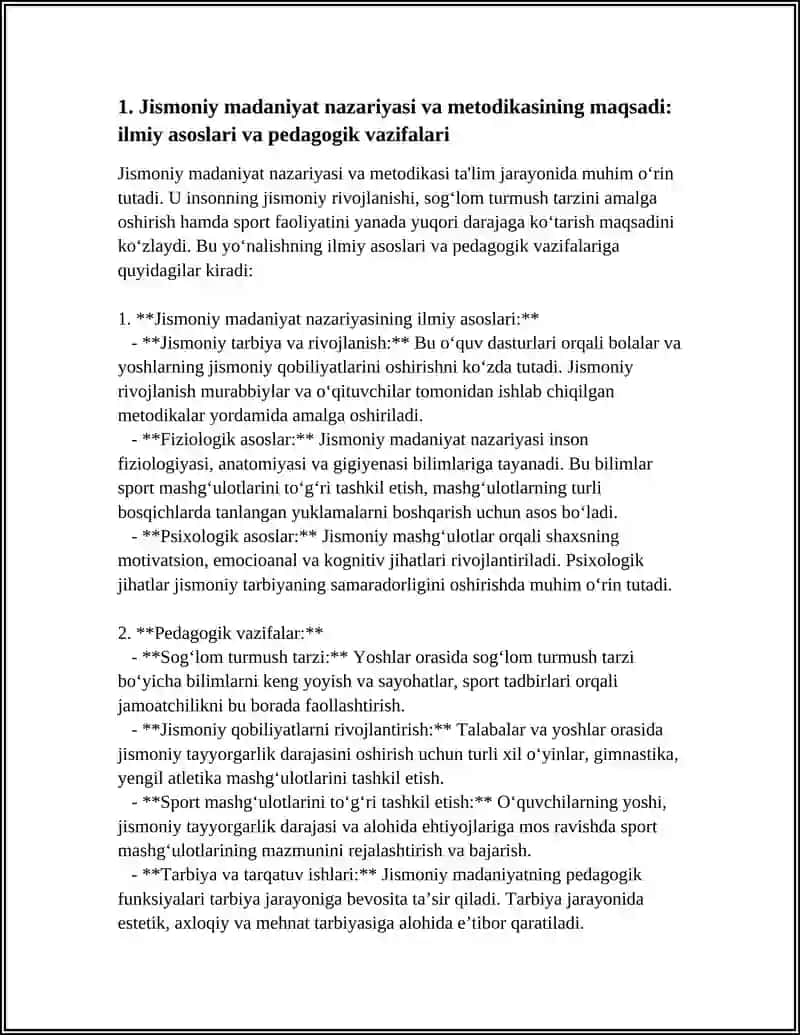 JISMONIY MADANIYAT NAZARIYASI VA MEDODIKASI FANINING MAQSADI MAVZUSI BUYICHA FANGA OID ILMIY ADABIYOTLAR BILAN ISHLASH TAHLIL QILISH VA MALUMOTLARNI SARALASH HAMDA UMUMLASHTIRISH REFERAT TAYORLASH 4