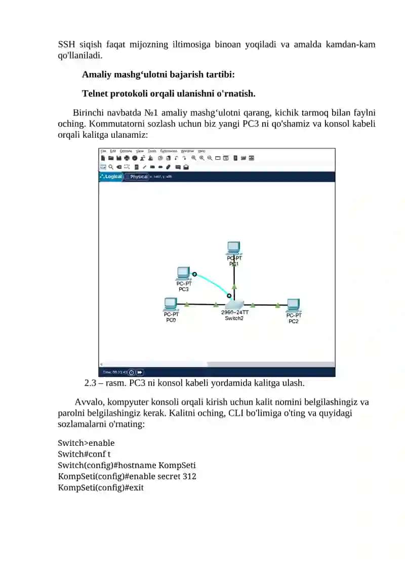 Telnet, ssh sozlash Cisco packet trecerda 4