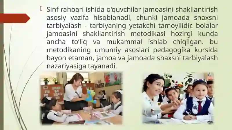 Jamoaning shaxstar biyasigat asiri va sinfrahbarining tarbiyaviy ishi 4