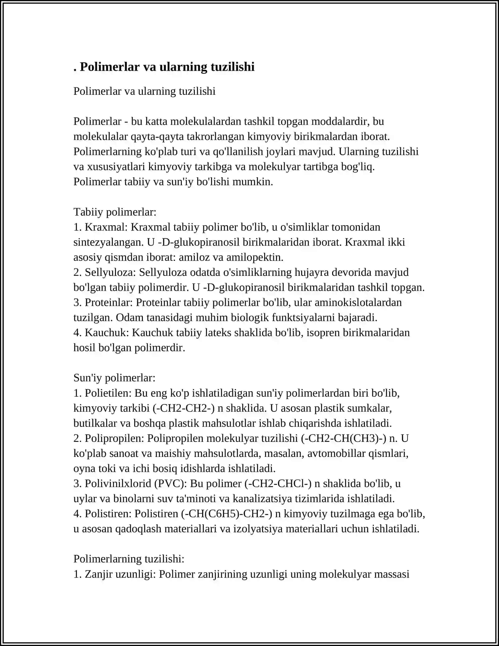 POLIMERLAR.ORTOPEDIK STOMATOLOGIYADA ISHLATILADIGAN PLASTMASSALAR,ULARNING TURLARI.PLASTMASSA QOʻLLANILISHI TEXNOLOGIYASI. POLIMERIZATSIYA JARAYONI 4