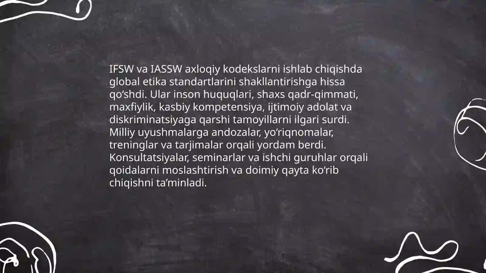 Ijtimoiy ish axloqiy kodekslarini tuzish va tasdiqlashda xalqaro birlashmalarning roli 4