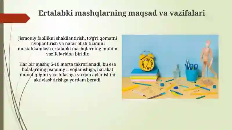 Ertalabki badan tarbiyani tashkil etish talablari 4