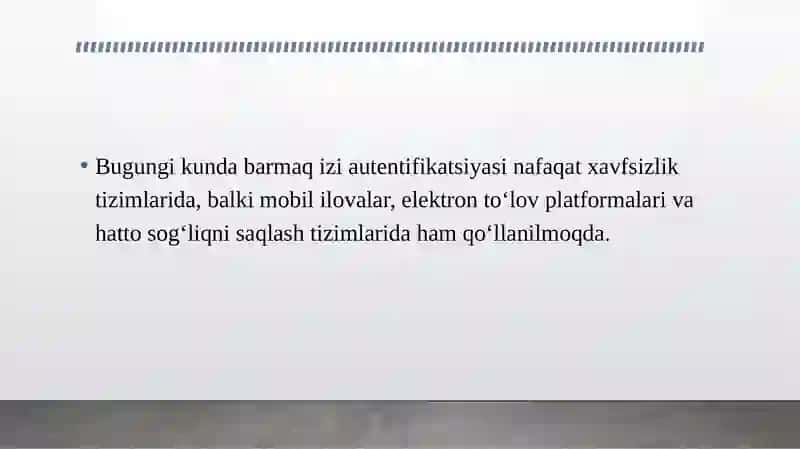 BARMOQ IZIGA ASOSLANGAN AUTENTIFIKATSIYA USULI VA UNING XUSUSIYATLARI. 4