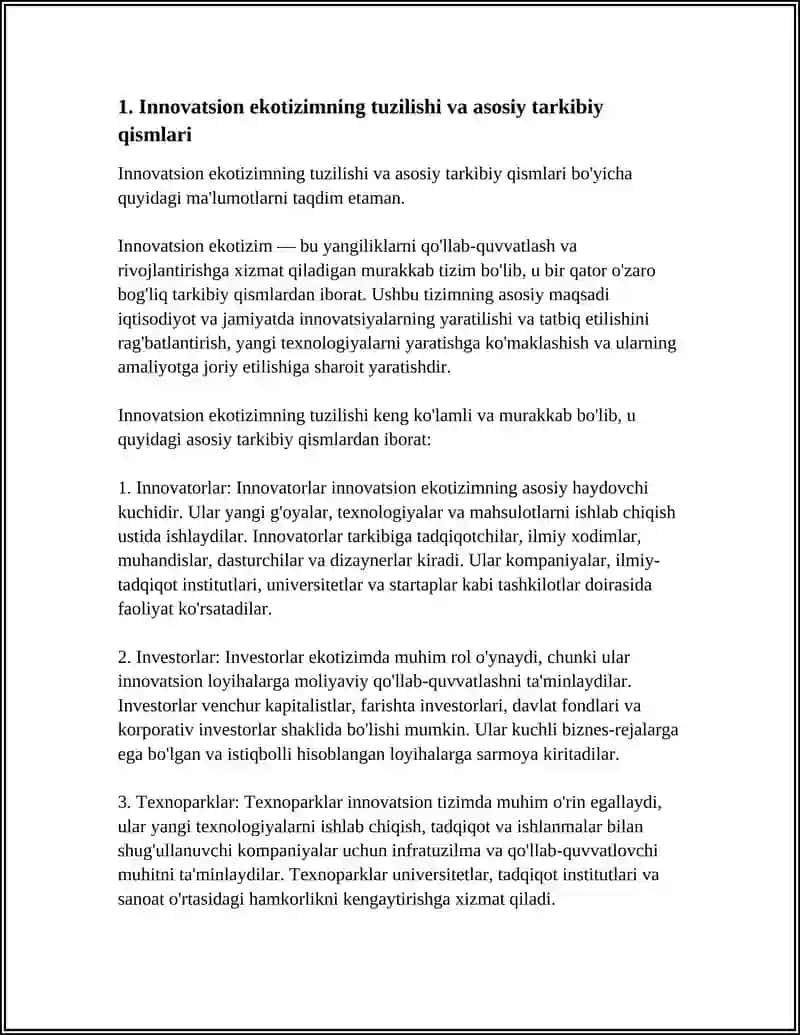 INNOVATSION EKOTIZIM: INNOVATORLAR, INVESTORLAR, TEXNOPARKLAR VA DAVLATNING O‘ZARO HAMKORLIGI 4