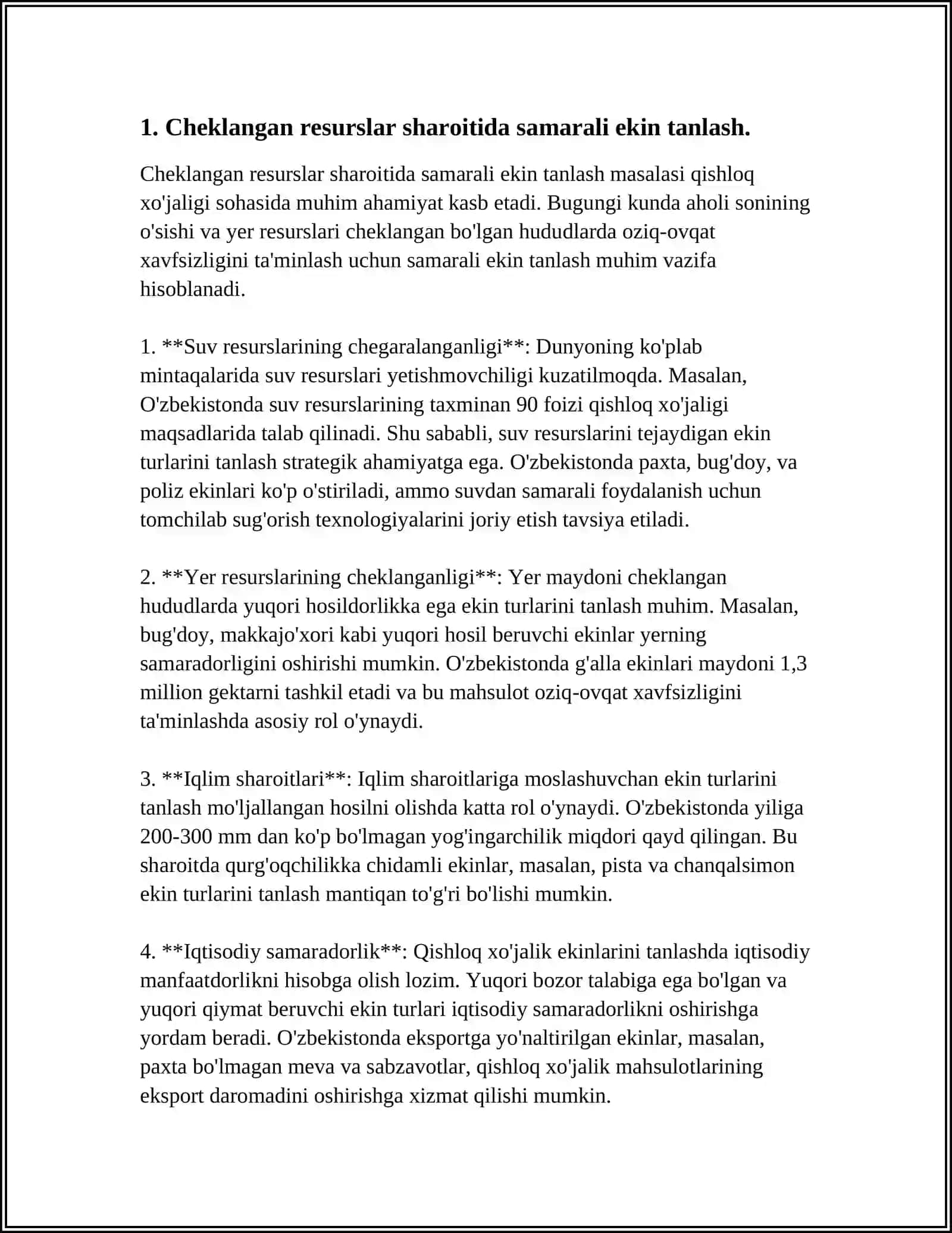 RESURSLAR CHEKLANGANLIGI SHAROITIDA OZIQ-OVQAT MAHSULOTLARI YETISHTIRISH 4