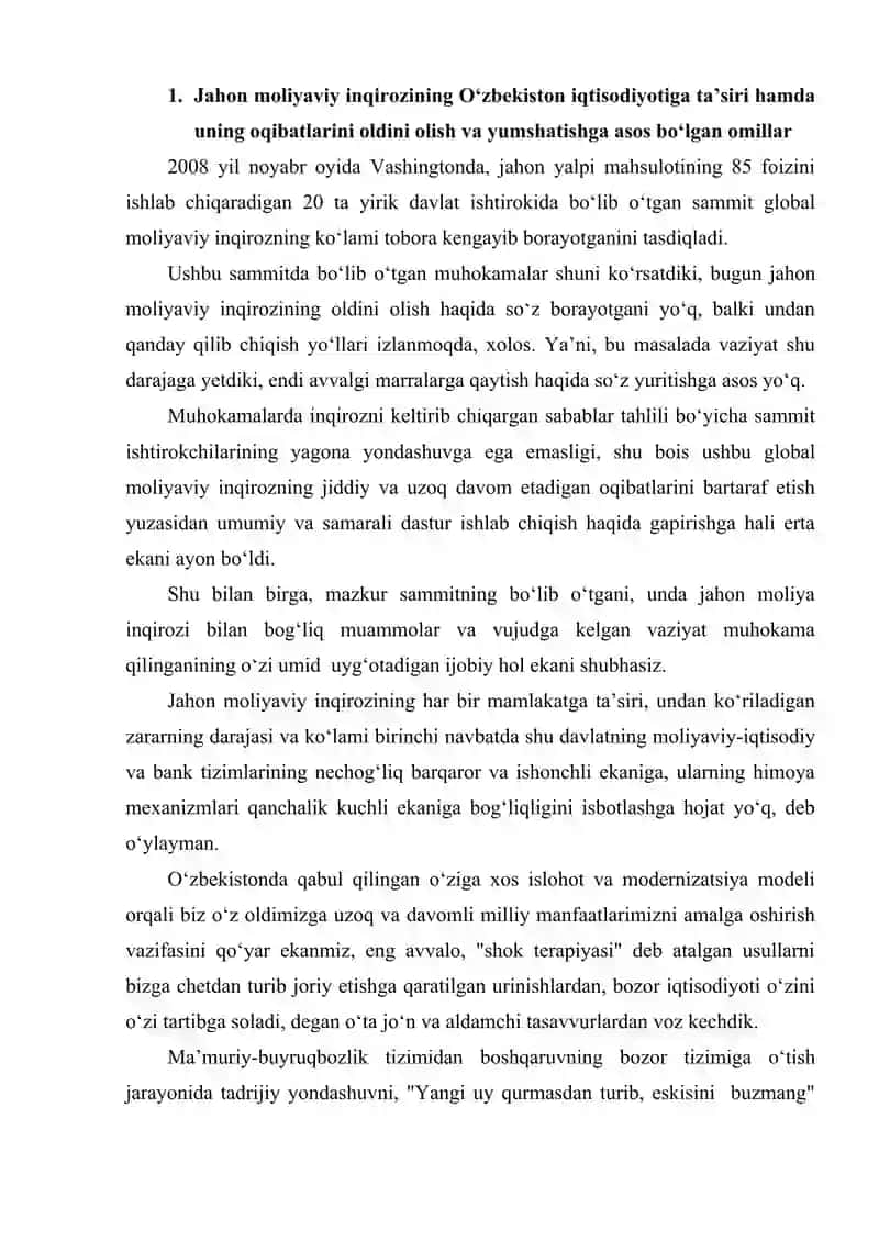 JAHON MOLIYAVIY-IQTISODIY INQIROZI, O‘ZBEKISTON SHAROITIDA UNI BARTARAF ETISHNING YO‘LLARI VA CHORALARI. 4