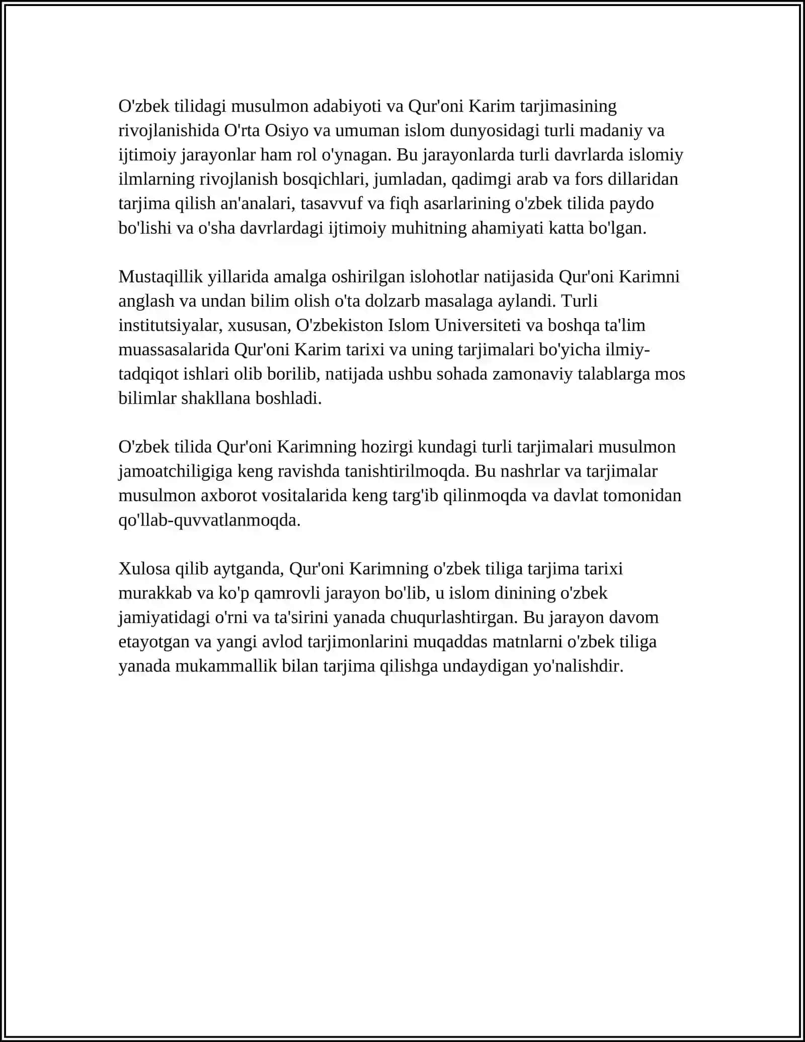 MUSTAQIL ISH Mavzu: MUSTAQILIK YILLARIDA QURONI KARIMNI UZBEK TILIGA TARJIMA QILISHI VA TAVSIVLARI 4