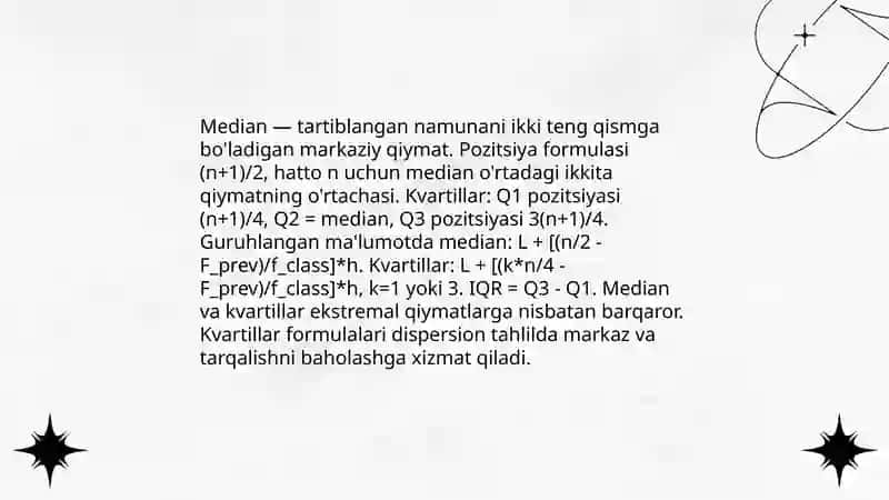 O'rtacha miqdorlar. Statistikada baholash usullari va dispersion tahlil asoslari 4