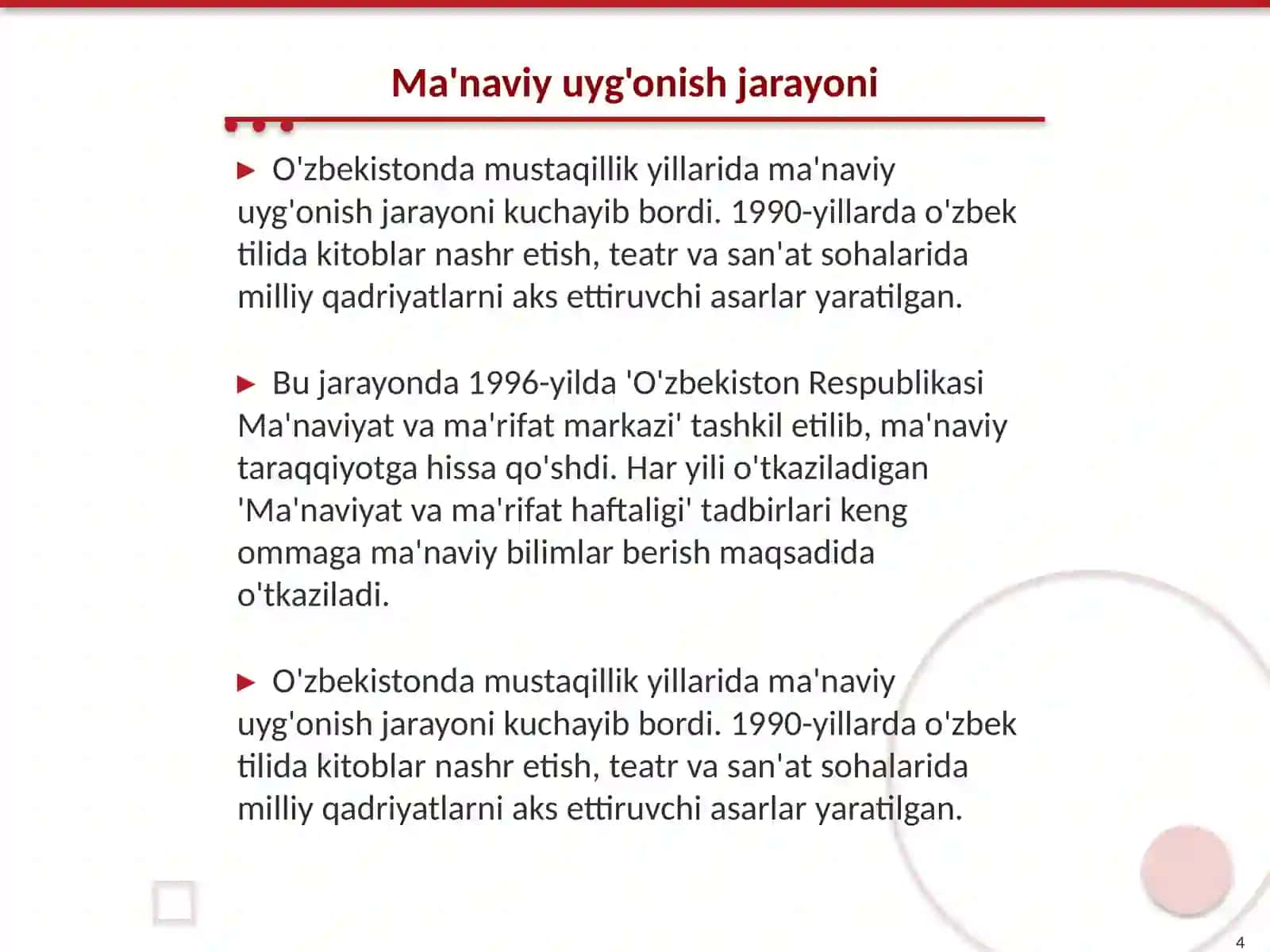 Mustaqillik yillarida oʻzbekistonning maʼnaviy va madaniy taraqqiyoti 4