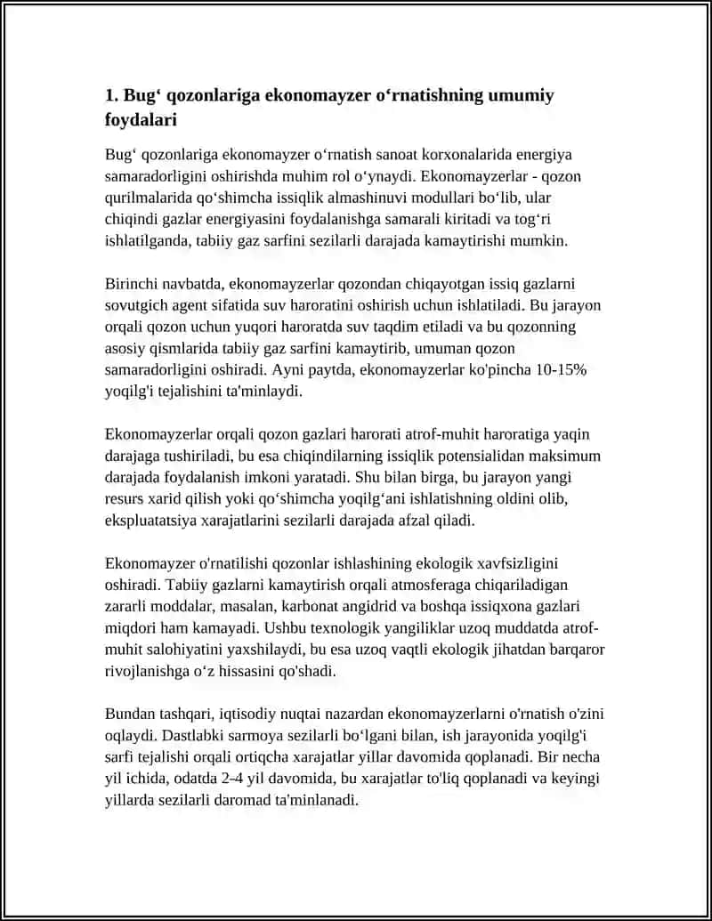 SANOAT KORXONALARIDAGI BUGʻ QOZONLARIGA EKANAMAYZ OʻRNATISH ORQALI TABBIY GAZ SARFINI KAMAYTIRISH 4