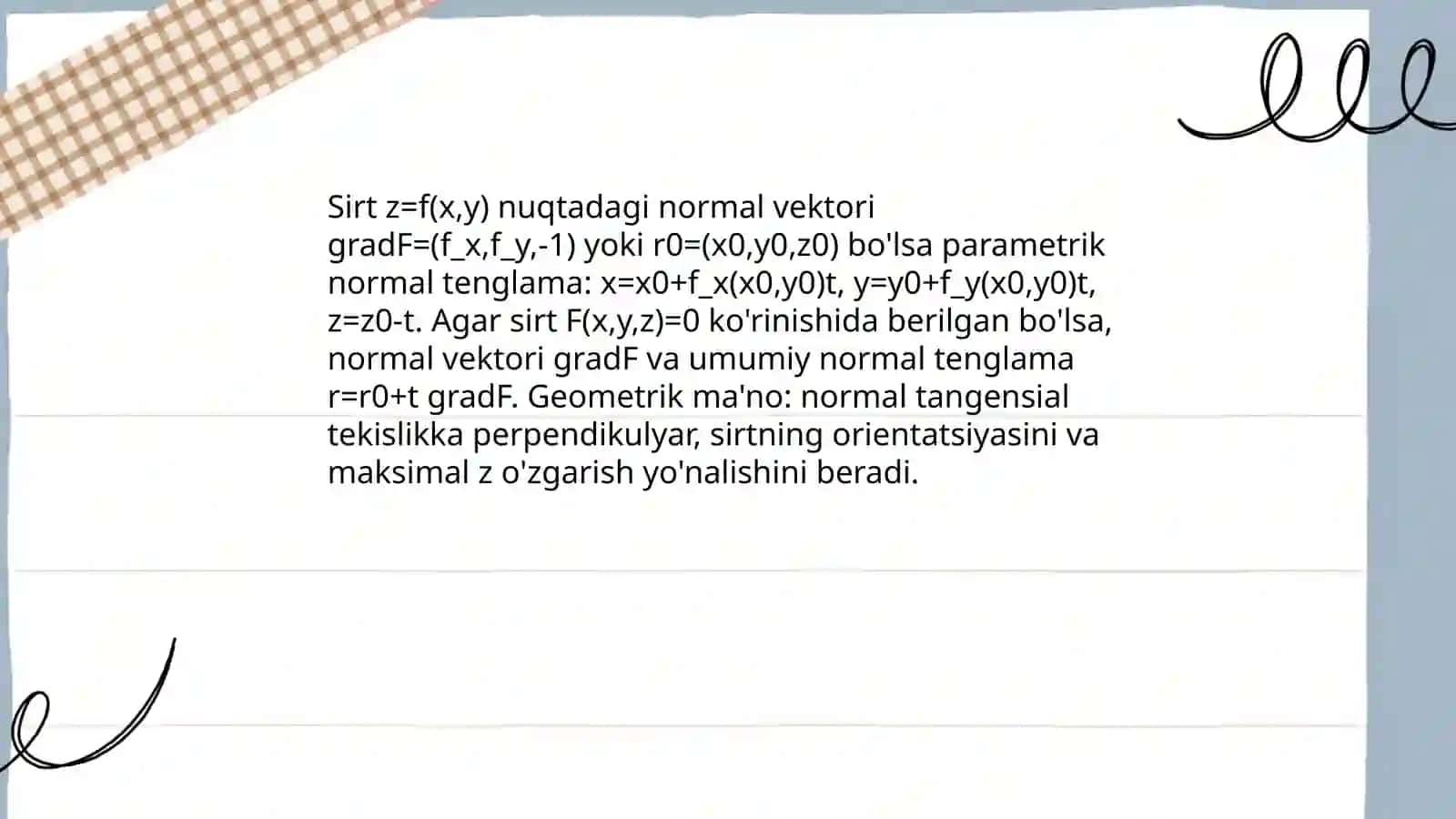 Sirtga o'tkazilgan urinma tekislik va normal tenglamalari 4