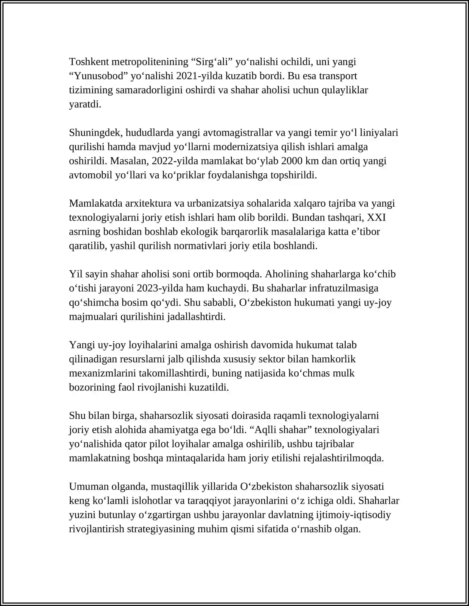 MUSTAQILLIK YILLARIDA SHAHARSOZLIK: TARIXIY BOSQICHLAR VA RIVOJLANTIRISH ISTIQBOLLARI 4