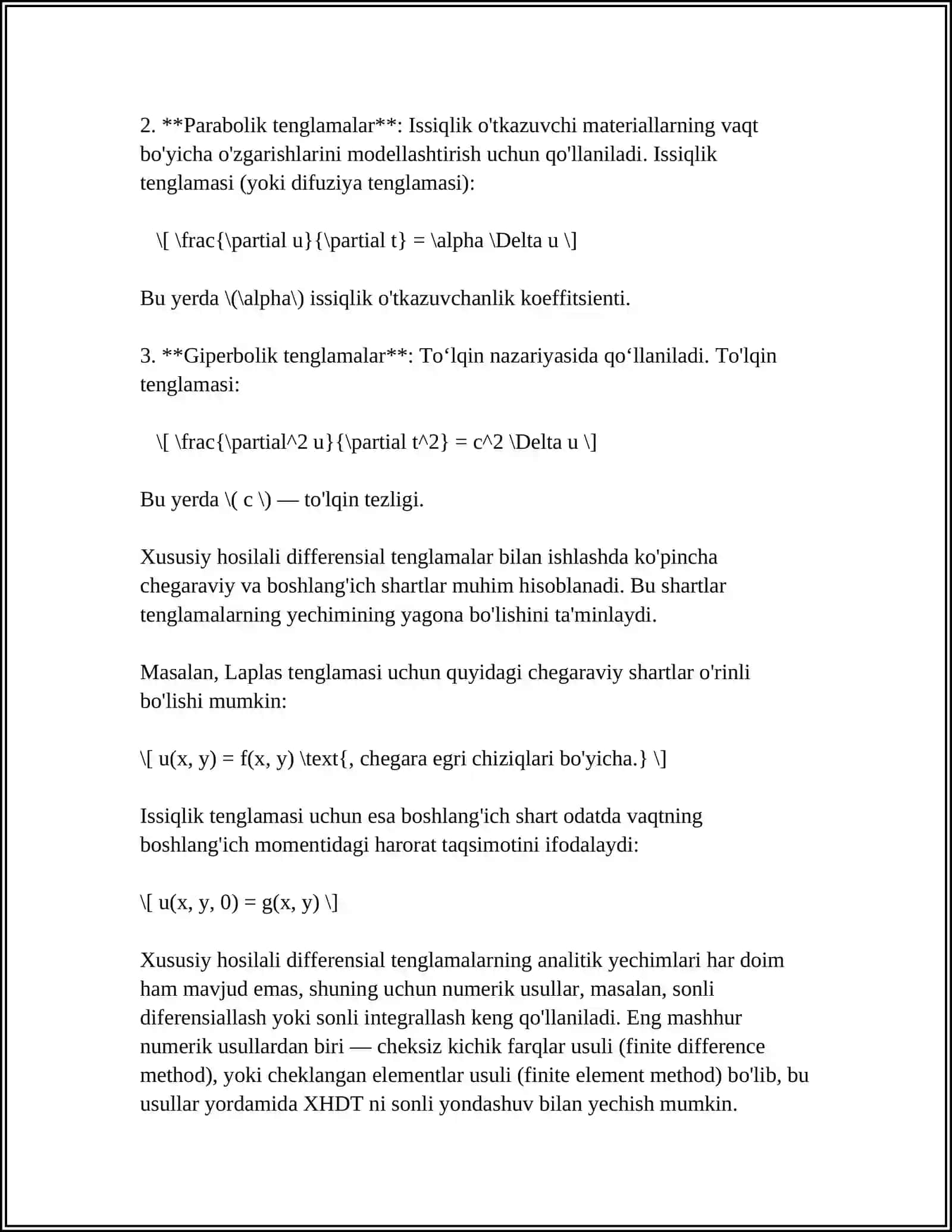 XUSUSIY HOSILALI DIFFERENSIAL TENGLAMA HAQIDA TUSHUNCHA. IKKINCHI TARTIBLI CHIZIQLI XUSUSIY HOSILALI DIFFERENSIAL TENGLAMALAR VA ULARNING KLASSIFIKATSIYASI. MATEMATIK FIZIKANING ASOSIY MASALALARI VA TENGLAMALARI 4