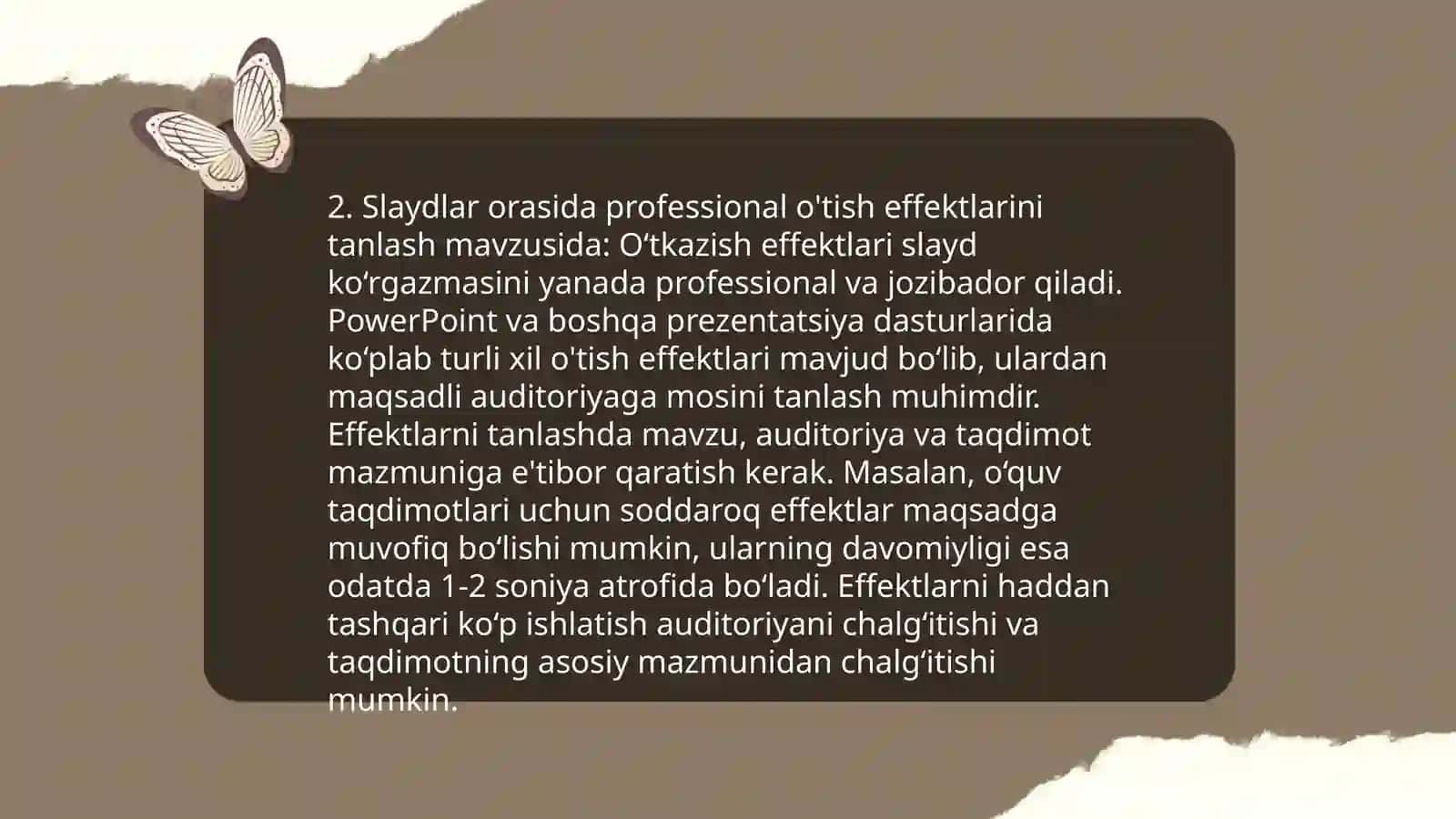 PowerPoint dasturida slaydlarga o'tish effektlarini qo'shish 4