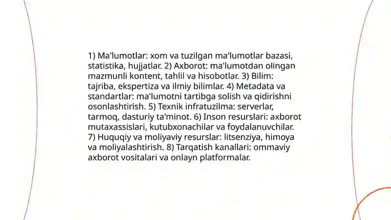 Jamiyatning axborot resurslari: tarkibi, xususiyatlari, tasnifi va axborot resurslari konsepsiyasining tarifi 4
