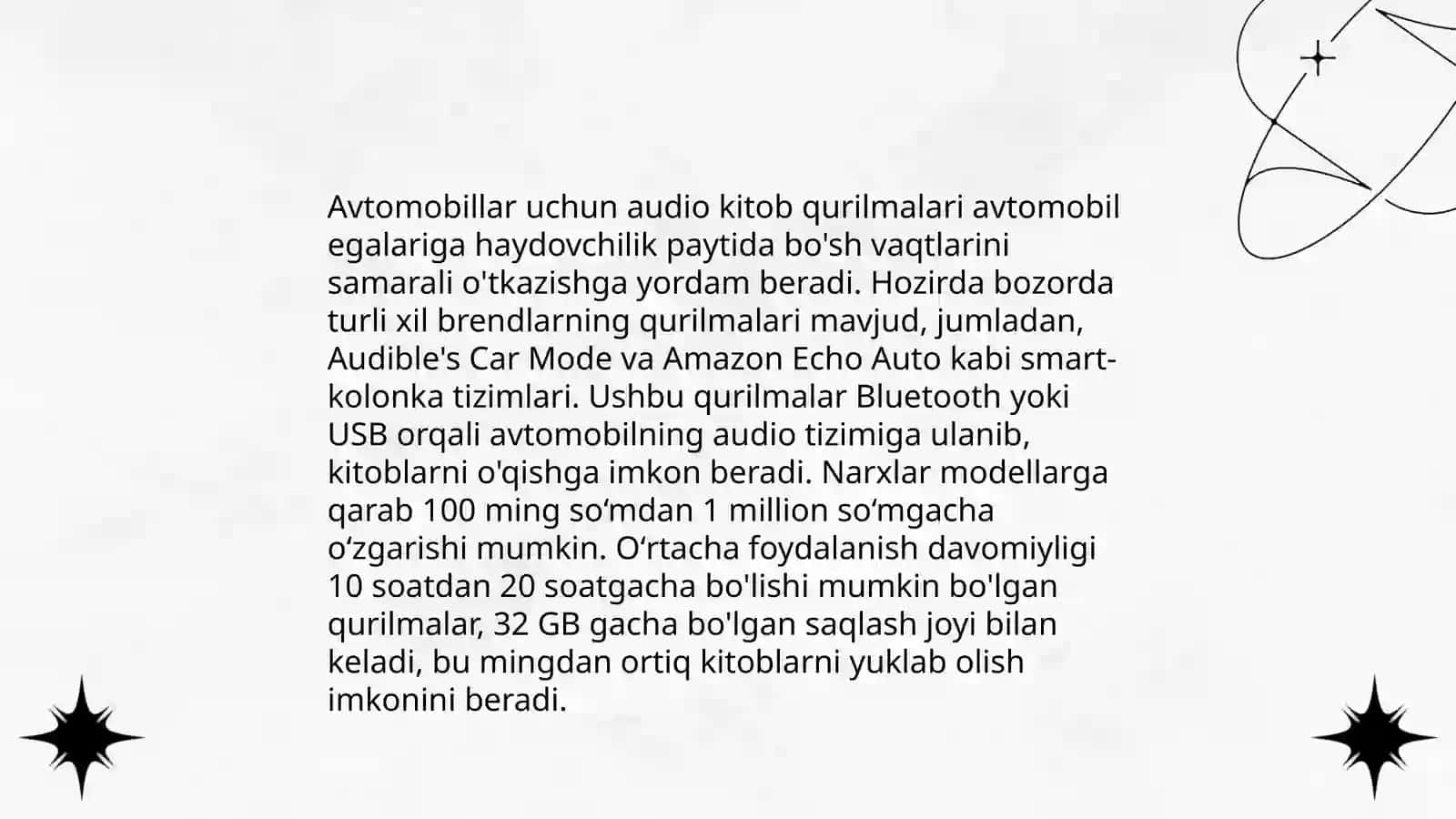 O'zbekistonda audio kitoblarni avtomobillarda yo'lga qo'yish 4