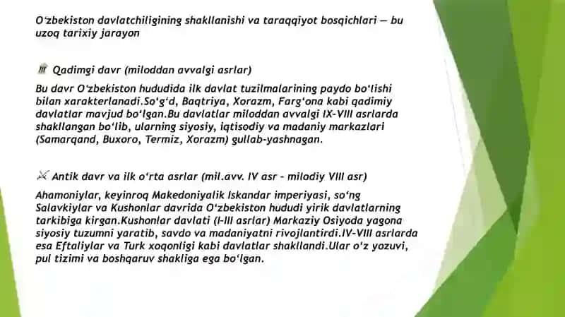 Oʻzbekiston zamonaviy davlatchiligi xususiyatlarini nimada ko’rasiz. 4