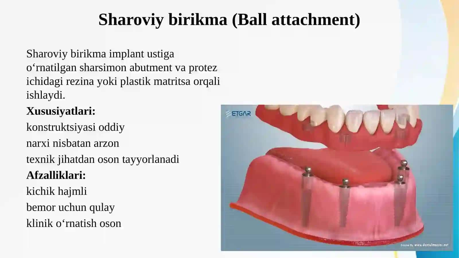 Tish shifokori umumiy amaliyot shifokorining olinmaydigan tish implantlariga tayanadigan tish protez 4