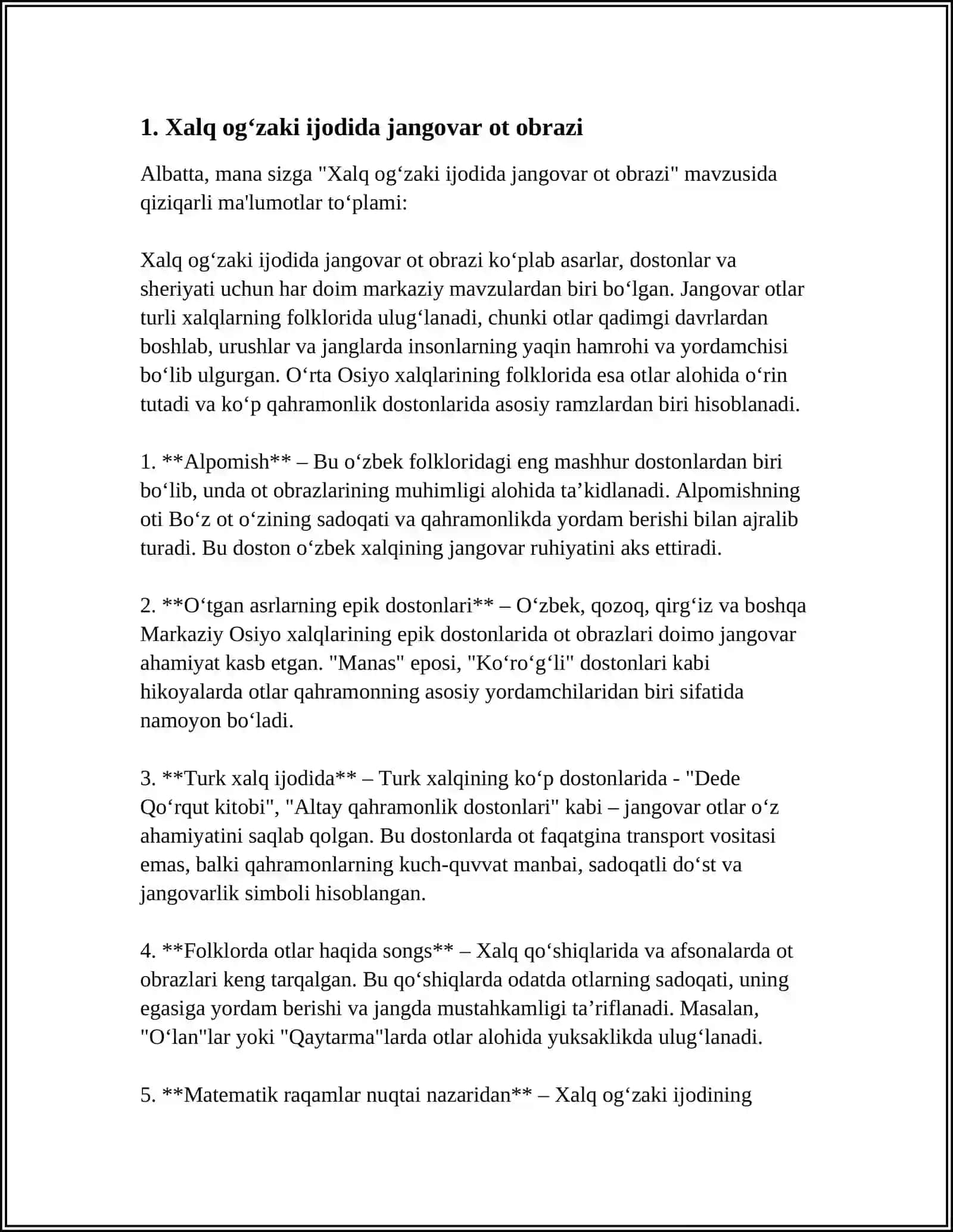 XALQ OG‘ZAKI IJODI XALQ QADRIYATLARINING TARKIBIY QISMI SIFATIDA JANGOVAR OT OBRAZINING TARIXIY ASOSLARI VA BADIIY TALQINI 4