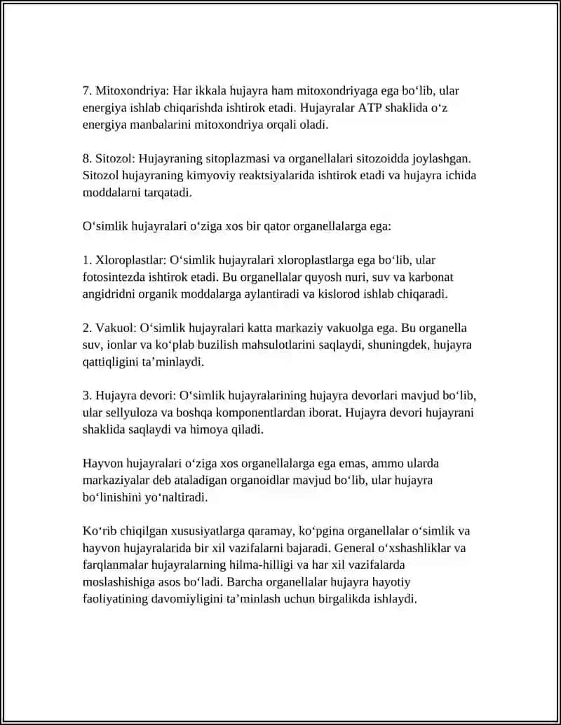 OʻSIMLIK VA HAYVON HUJAYRASINING FARQLI VA OʻXSHASHLIK BELGILARI 4