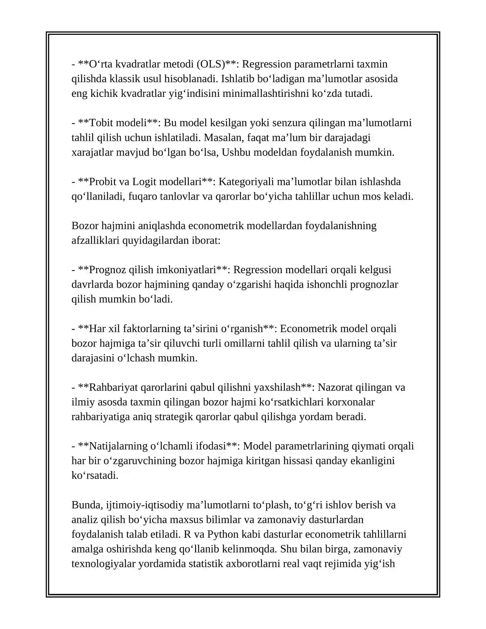 BOZOR HAJMINI ANIQLASHDA EKONOMETRIK MODELLARDAN FOYDALANISH 4
