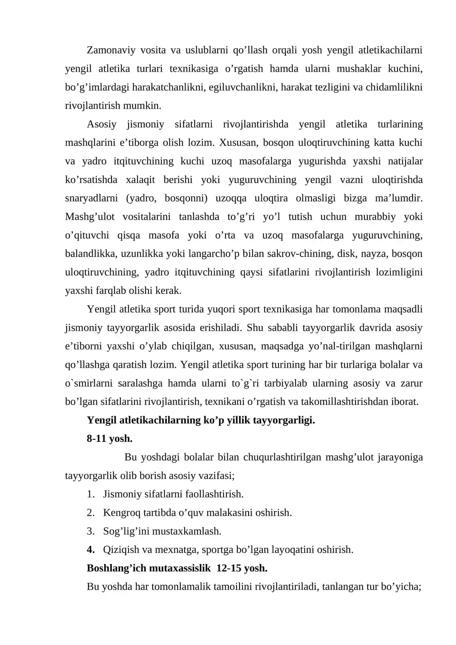 Bolalar va o'smirlar bilan o`tkaziladigan yengil atletika mashgulotlarining xususiyatlari 4