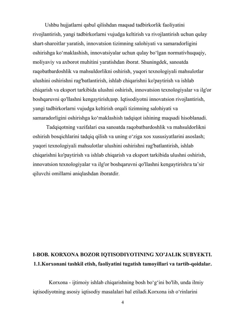 KORXONA BOZOR IQTISODIYOTINING XOJALIK SUBYEKTI, MILLIY IQTISODIYOT RIVOJLANISHIDA KORXONANING O’RNI VA ROLI 4
