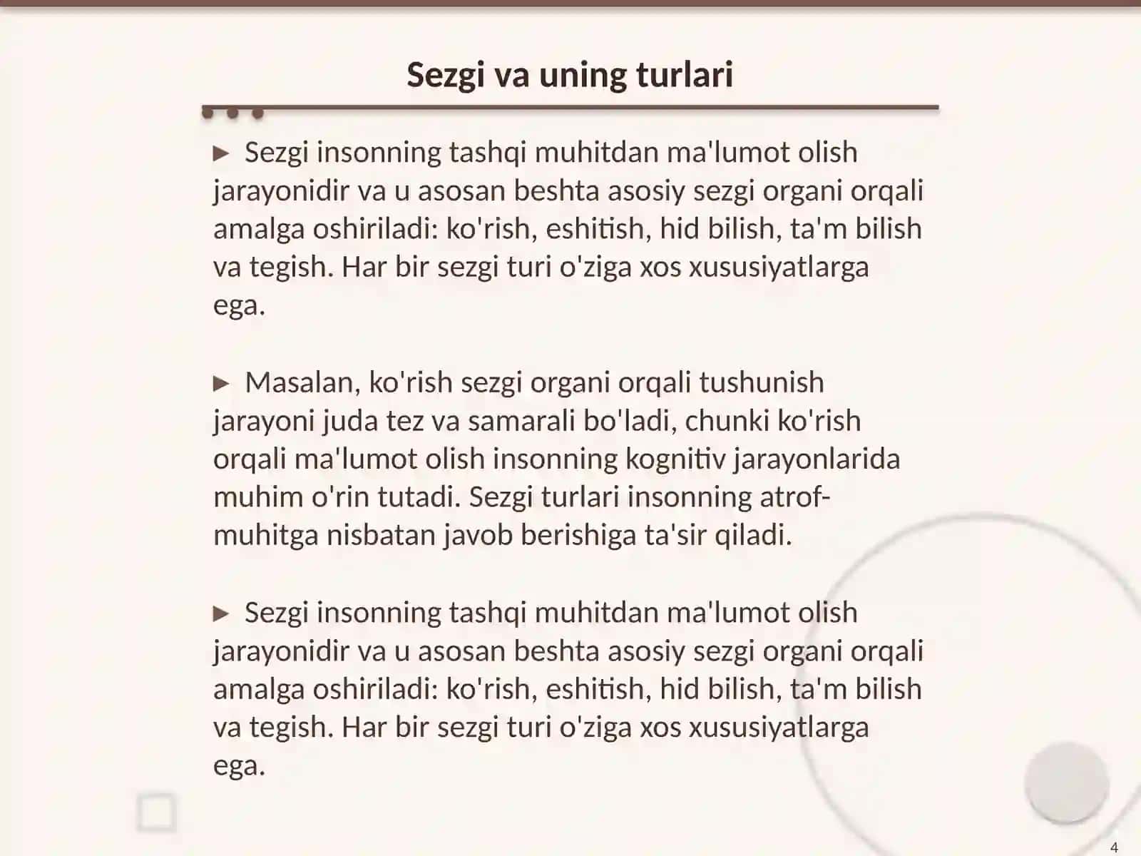 Bilish jarayonlari (sezgi, diqqat, idrok, xotira, tafakkur, nutq, xayol turlari) 4