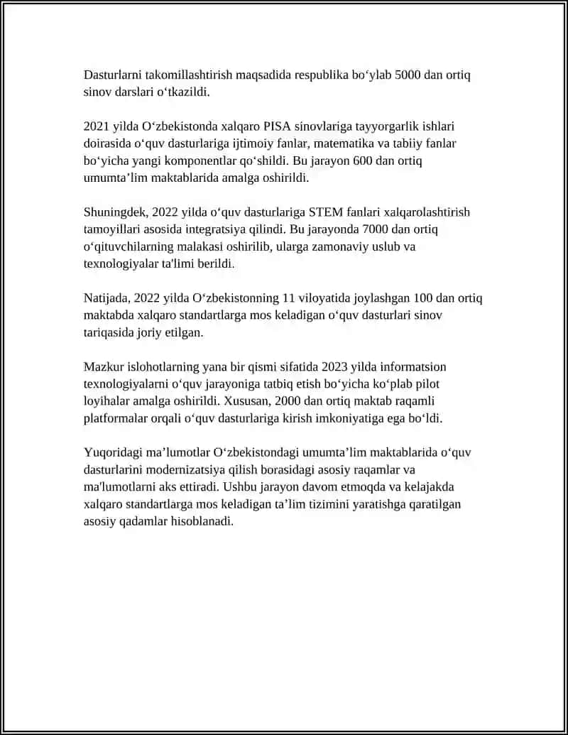 Oʻzbekiston Respublikasida Taʼlim Sohasida Amalga Oshirilayotgan Ishlohlar 4