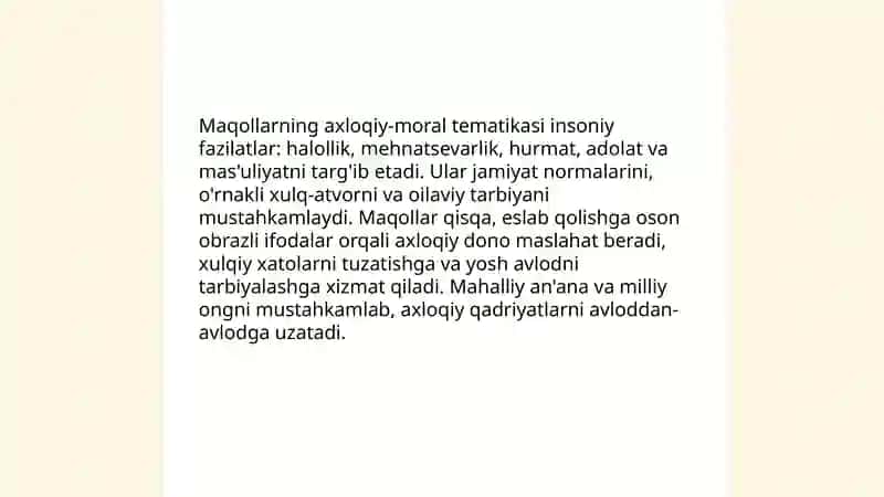 O'zbek xalq maqollari tematikasi va badiiy xususiyatlari 4