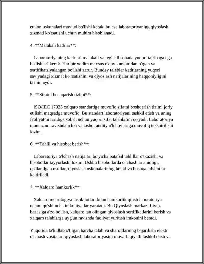 Normativ-huquqiy talablar va qiyoslash laboratoriyasini tashkil etish 4
