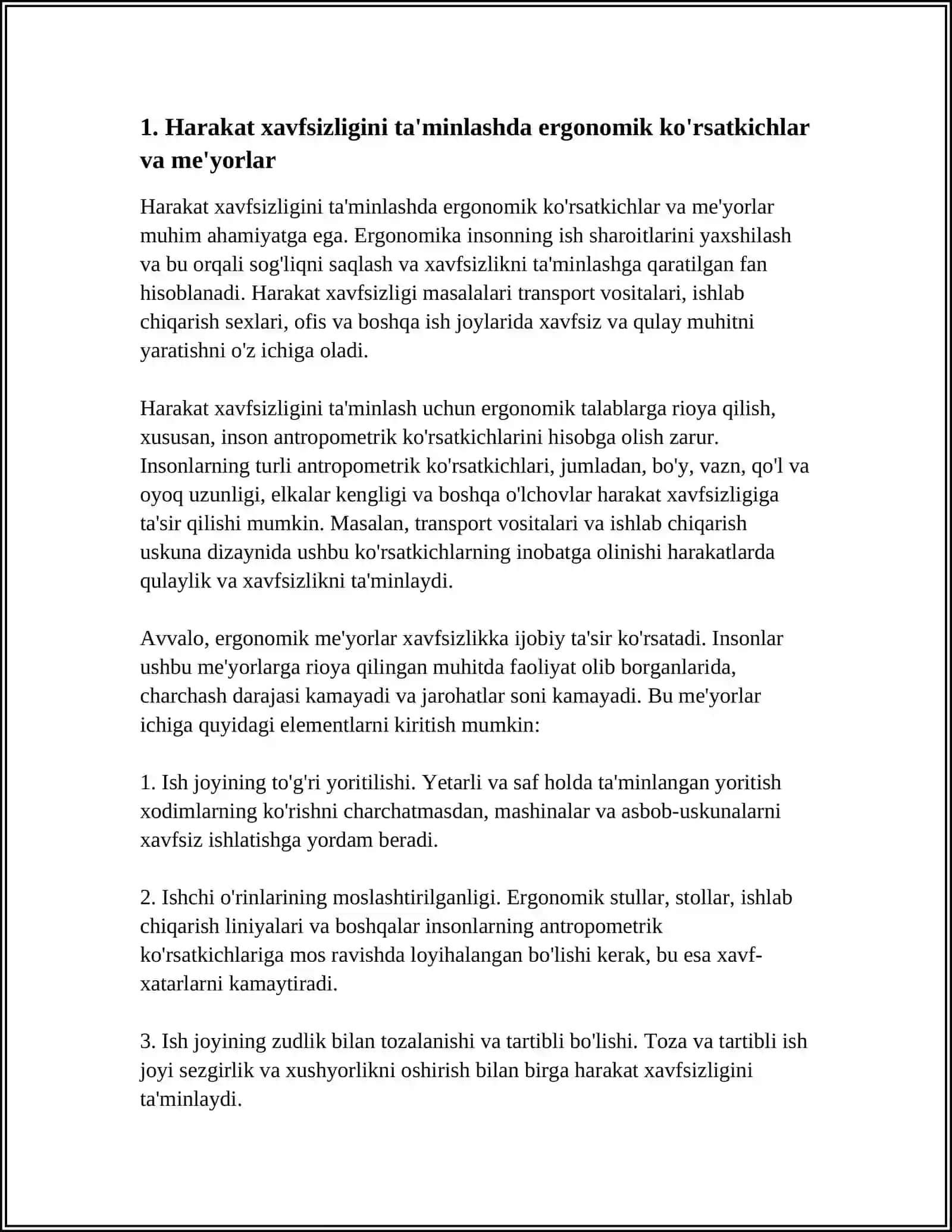 HARAKAT XAVFSIZLIGINI TA’MINLASHNING ERGONOMIK KO‘RSATKICHLARINI O‘RGANISH 4