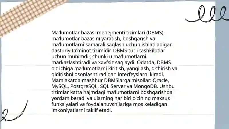 Maʼlumotlar bazasi va ularni boshqarish tizimlari dasturlari va ularni oʻrnatish 4