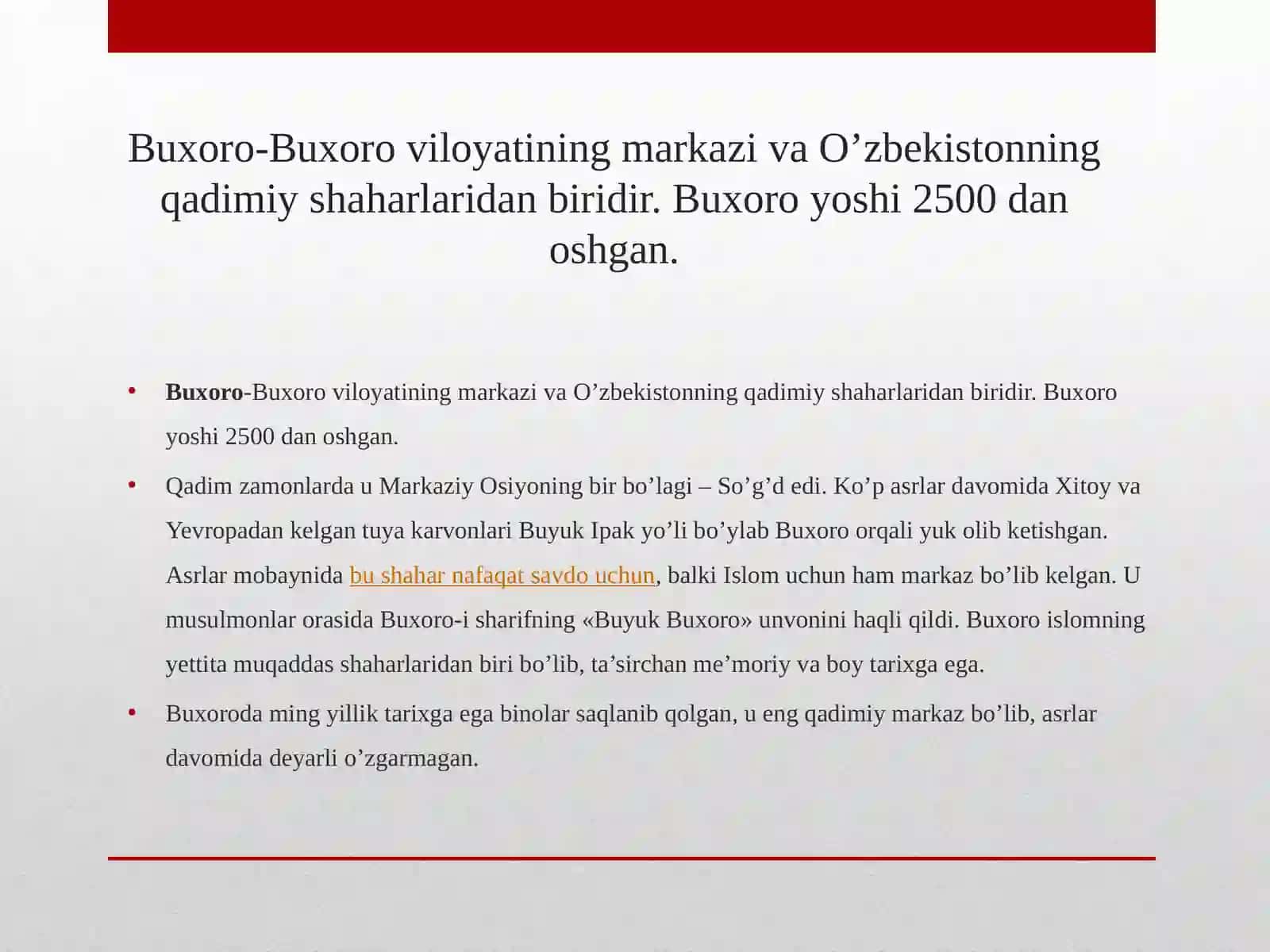 Tarixiy shaharlar (Buxoro Samarqand Marg'ilon Qarshi Toshkent Xiva Shaxrisabz) yubileylarining xalqaro miqiyosida keng nishonlanishi 4