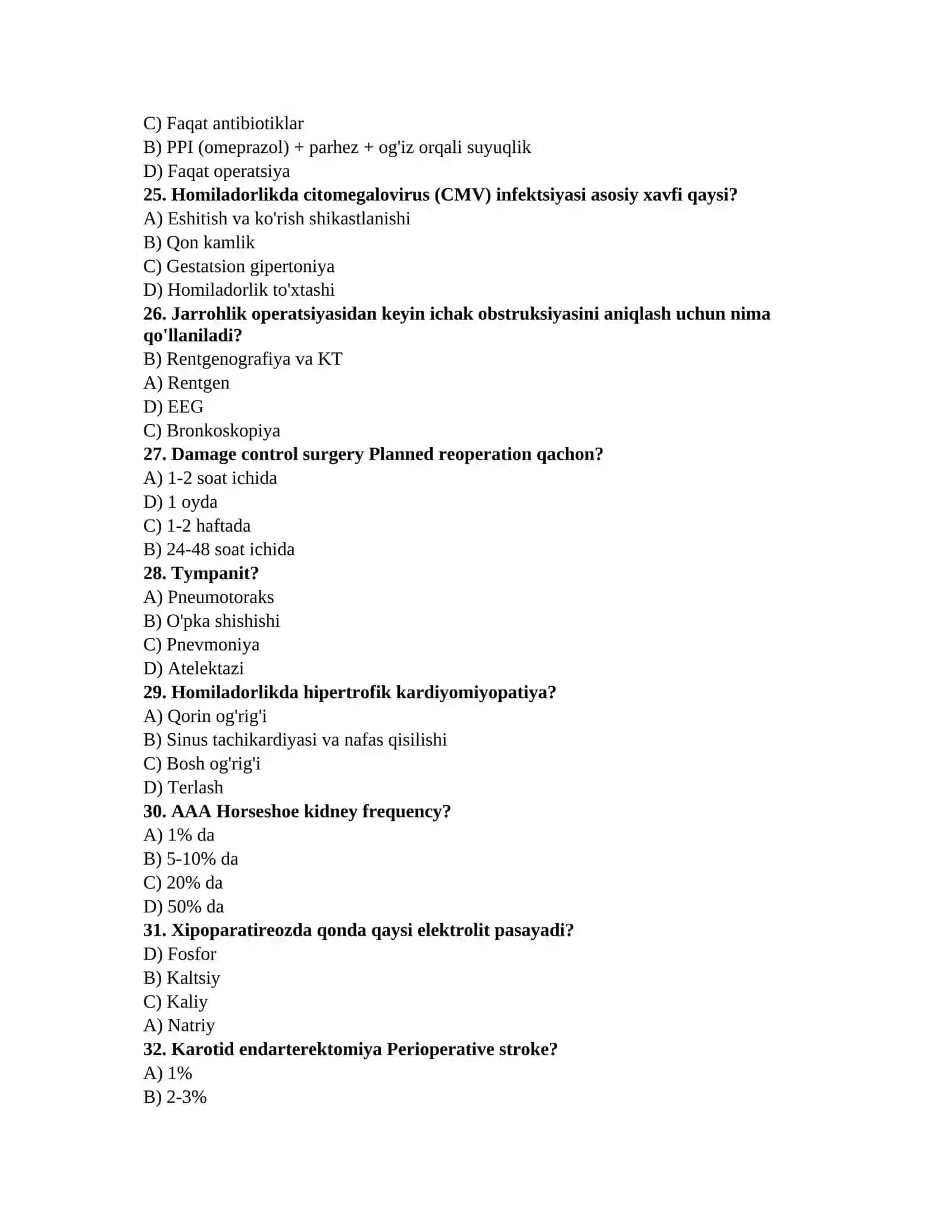 Tibbiyotga oid savollar TAYYORGARLIK TEST TO'PLAMI (Terapiya, Jarrohlik, Akusherlik-ginekologiya) 4