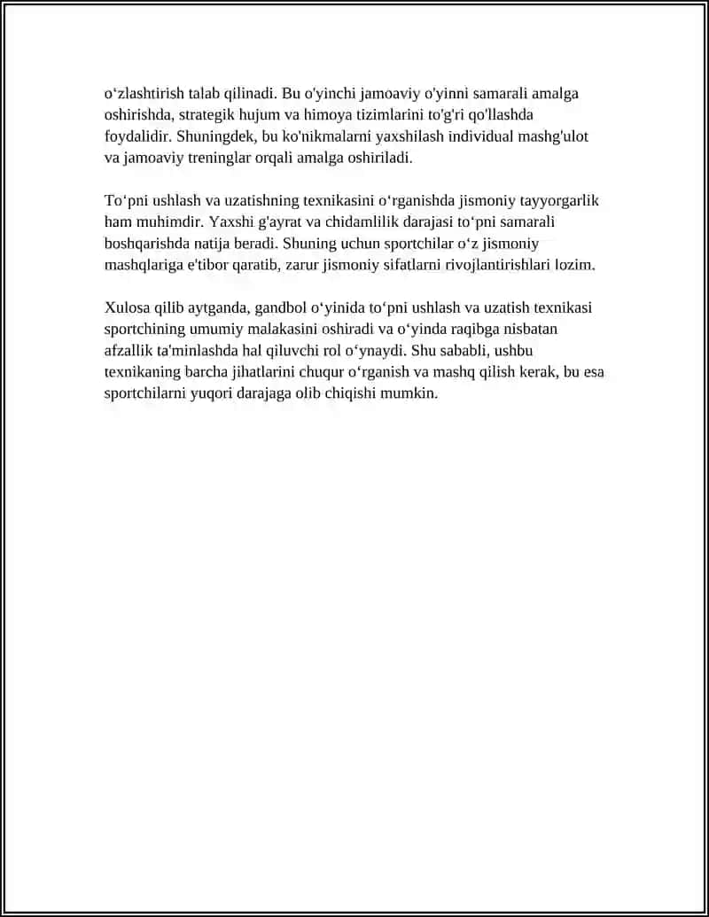 GANDBOʻL OʻYIN MASHQLAR TEXNIKASI VA TAKTIKASI USULLARINI OʻRGATISHNI HAMDA MAHORATINI OSHIRISH 4