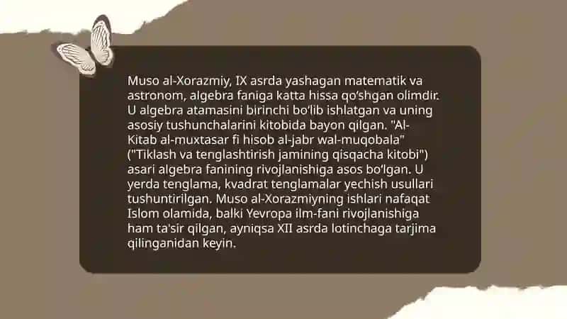 Muso al Xorazmiy va Abu Abdullah Xorazmiylarning dunyo svilizatsiyalaridagi tutgan o'rni 4