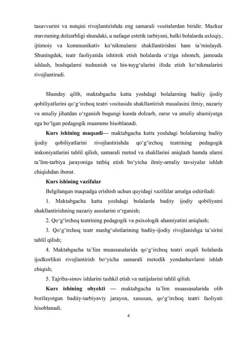 Maktabgacha katta yoshdagi bolalarning badiiy ijodiy qobiliyatlarini qoʻgʻirchoq teatri vositasida shakllantirish mazmunii 4