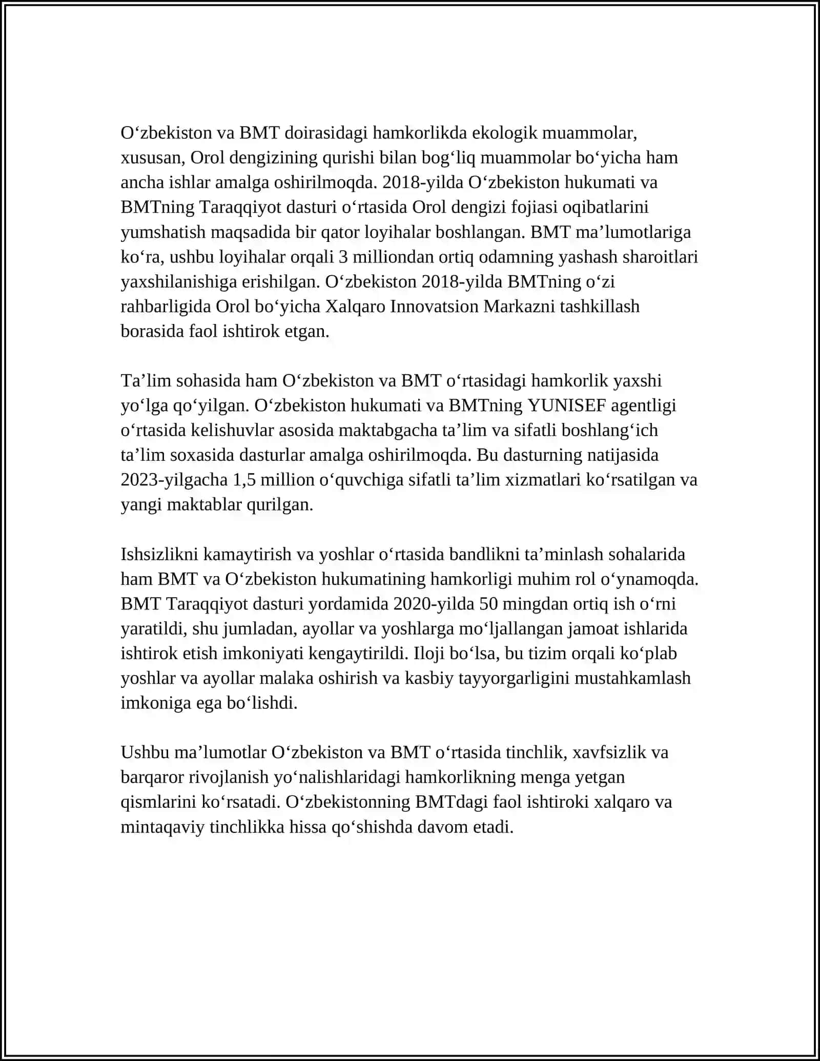 O‘zbekistonning Xalqaro Tashkilotlar Bilan Hamkorlik Aloqalari 4