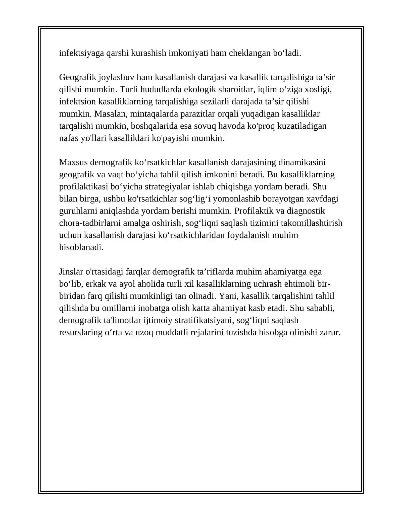 MAXSUS DEMOGRAFIK KOʻRSATKICHLAR. AHOLINING KASALLANISH DARAJASINI OʻRGANISH 4