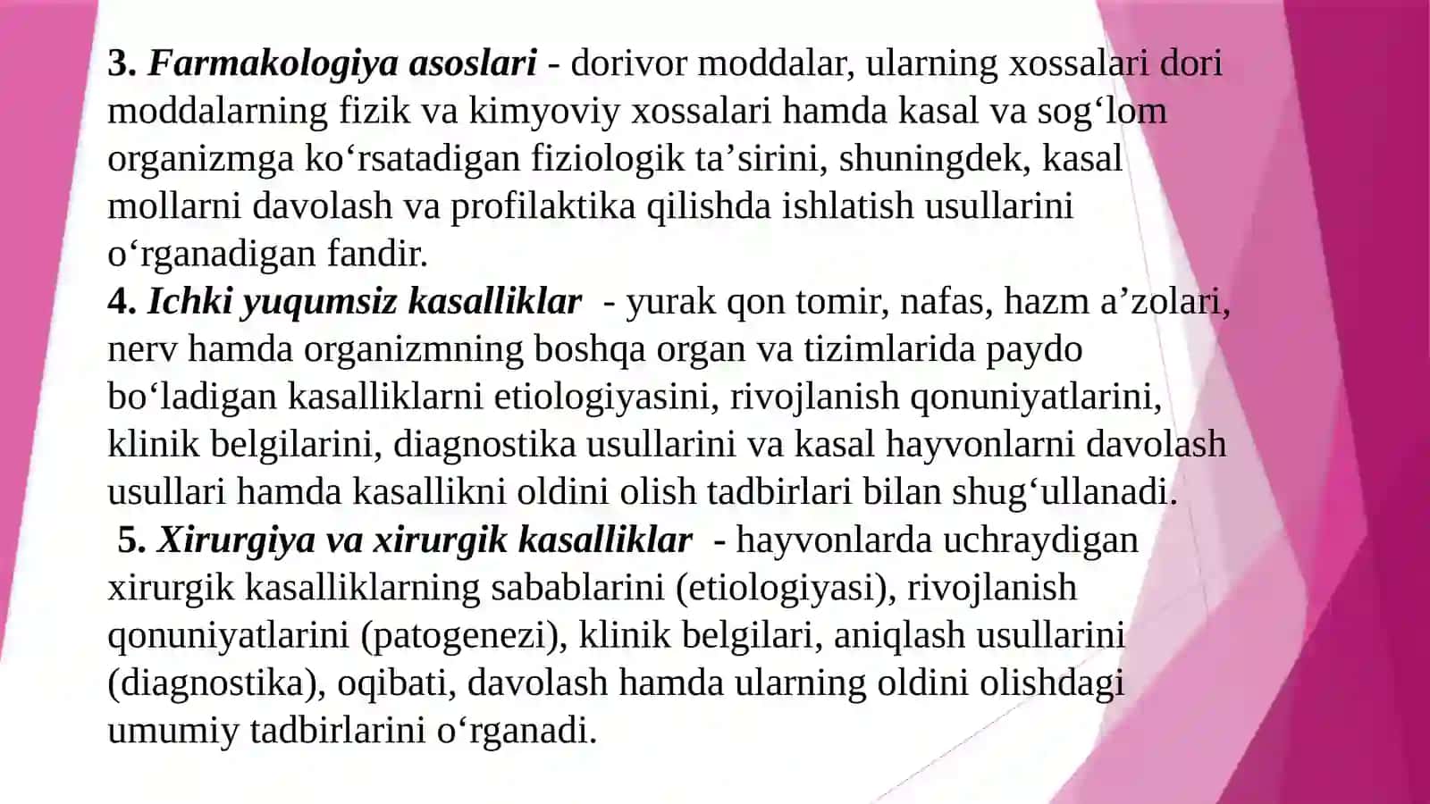 1-MA’RUZA:“VETERINARIYA ASOSLARI” FANI VA UNING RIVOJLANISH TARIXI. PATOLOGIYA ASOSLARI.YURAK QON TOMIR TIZIMINING KASALLIKLARI. NAFAS OLISHTIZIMININGKASALLIKLARI 4