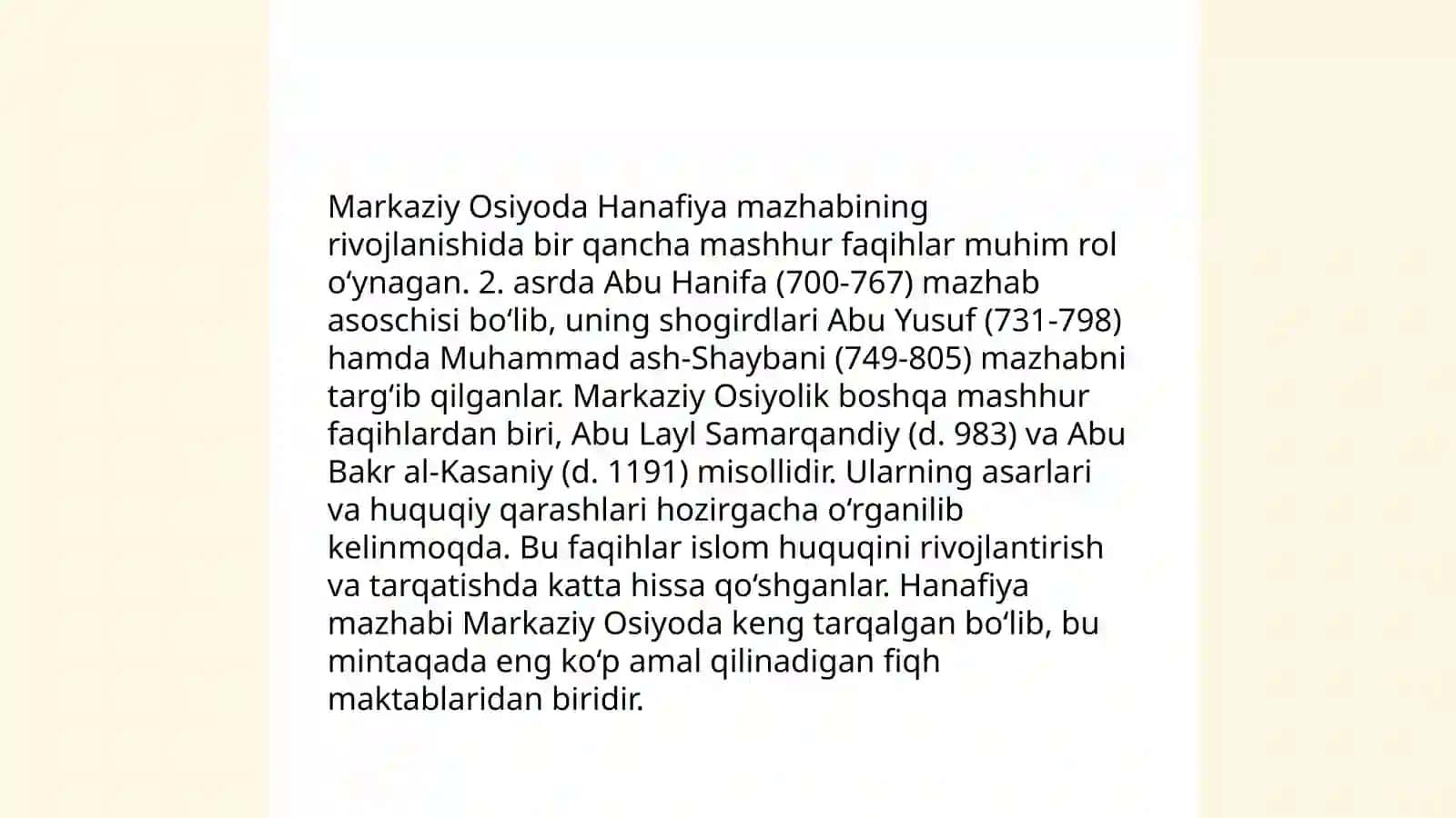 Hanafiy mazhabi rivojida Markaziy Osiyo faqihlarining roʻli va vazifasi 4