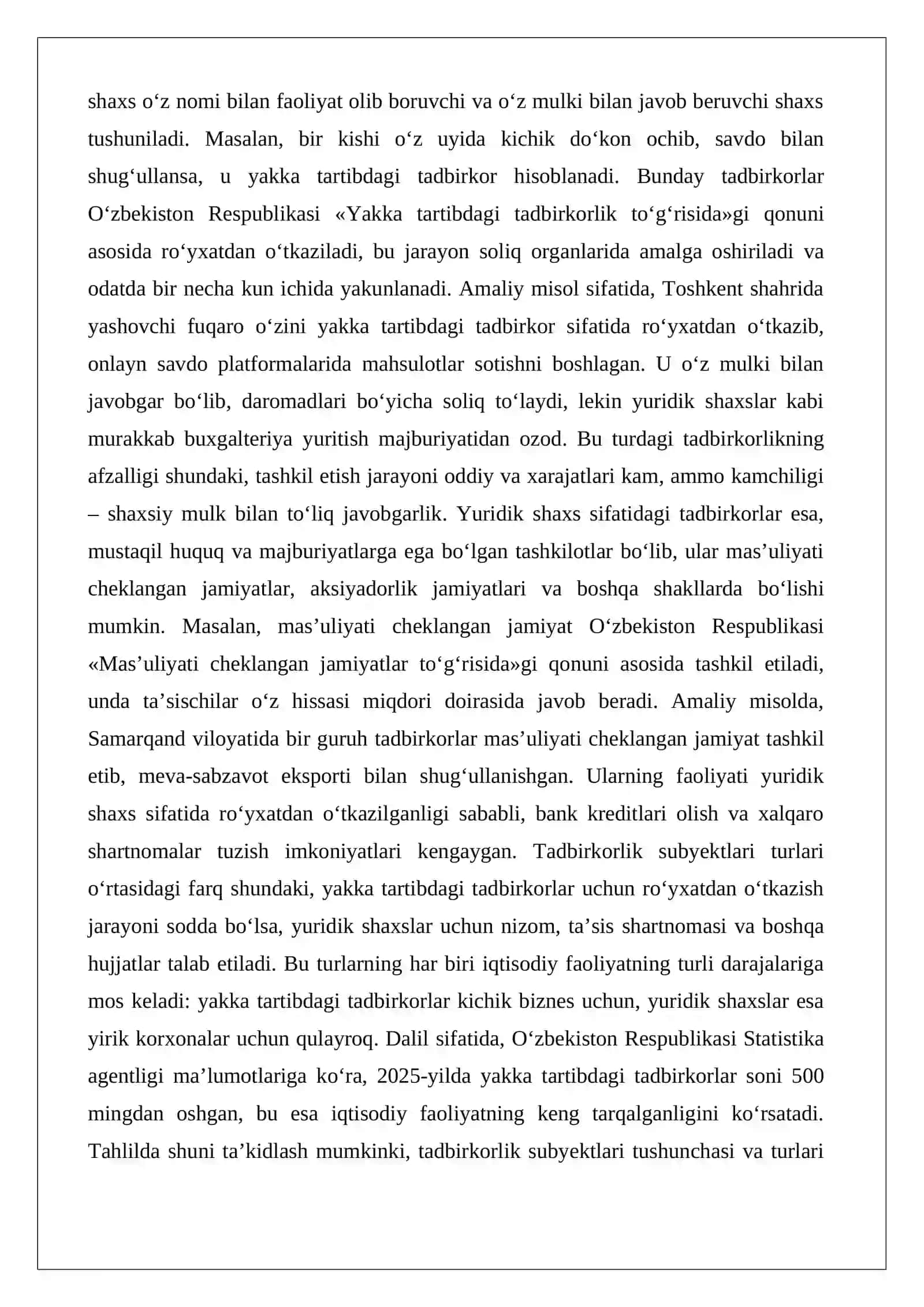 Tadbirkorlik subyektlari. Tadbirkorlikning tashkiliy-huquqiy asoslari 4