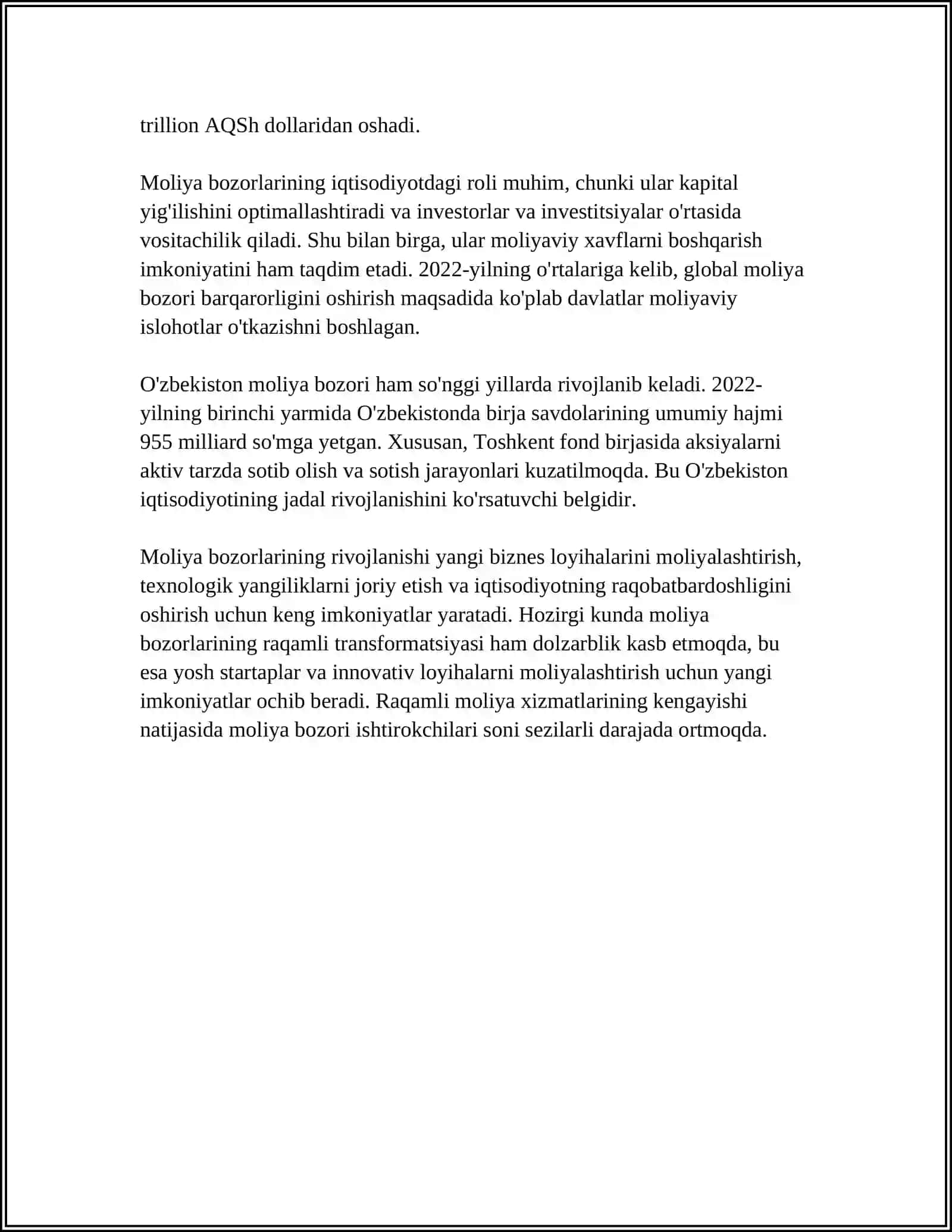 MOLIYA BOZORINING MOHIYATI,ZARURLIGI,ASOSIY VAZIFALARI VA TURLARI 4